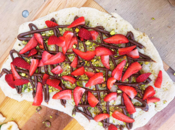 pistachio, strawberry, chocolate pizza